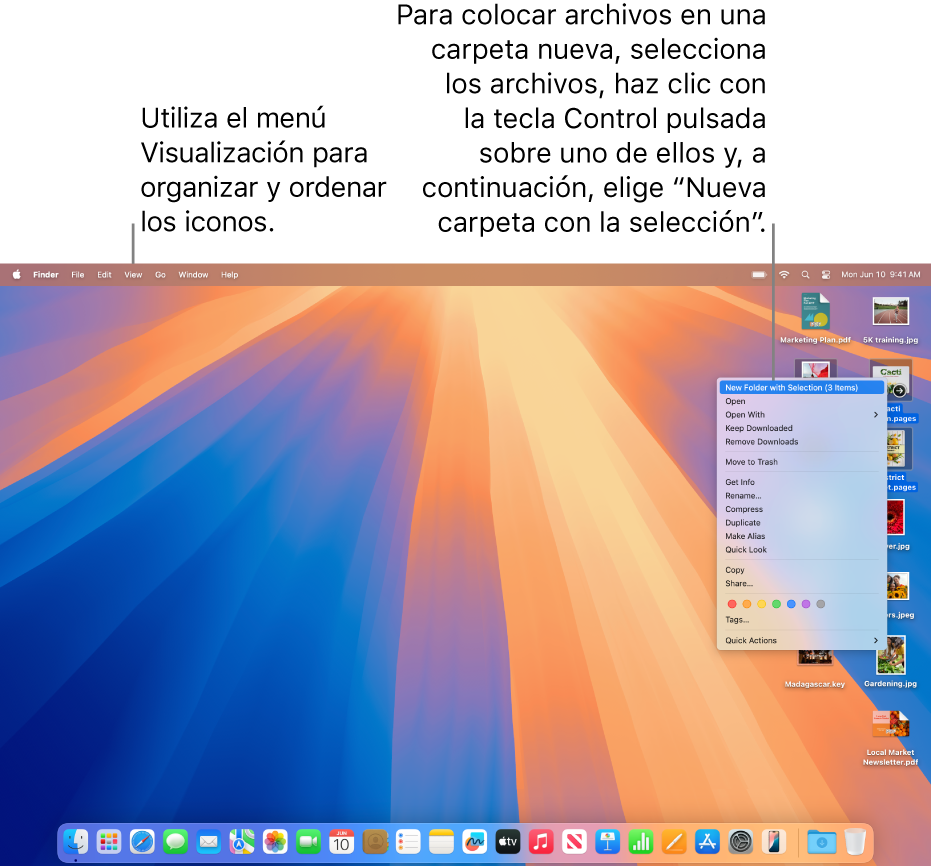 Un escritorio con archivos y carpetas. Se seleccionan varios archivos para colocarlos en una nueva carpeta. Al hacer clic con la tecla Control pulsada en un archivo seleccionado, se abre un menú desplegable y se elige “Nueva carpeta con la selección”.