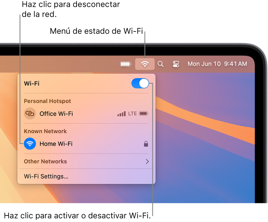 El menú de estado de la conexión Wi-Fi, que muestra el botón de activar o desactivar la red Wi-Fi, un punto de acceso personal y redes conocidas.