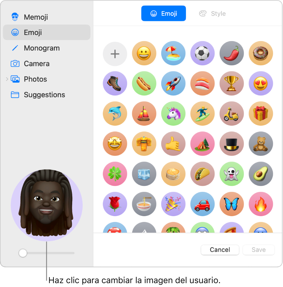 Ajustes “Usuarios y grupos” que muestran la imagen del usuario.