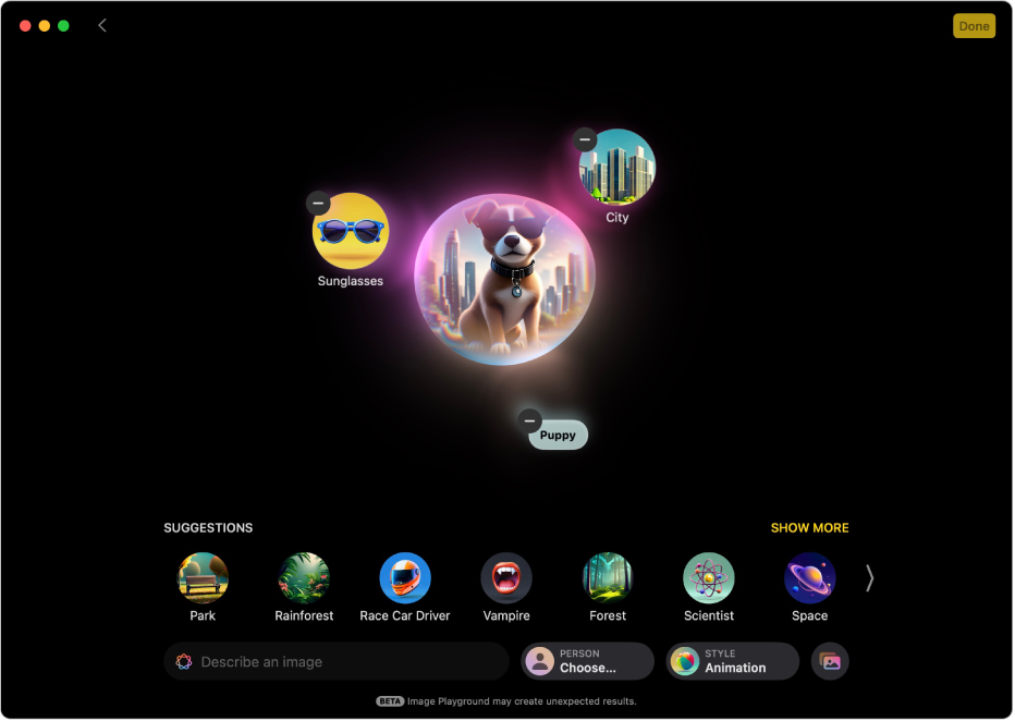 La ventana de la app Image Playground con una imagen creada de un cachorro con gafas de sol en una ciudad.