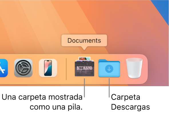 El extremo derecho del Dock muestra una carpeta como un grupo y la carpeta Descargas, como una carpeta.