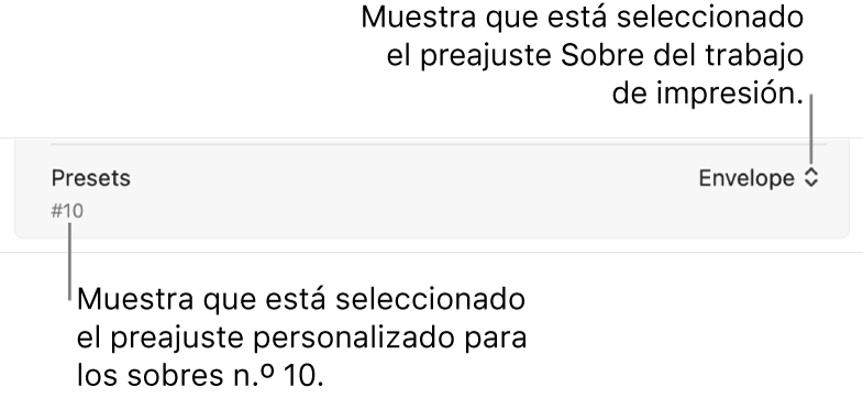 La sección Preajustes del cuadro de diálogo Imprimir, con un preajuste de impresión para sobres y el sobre n.º 10 seleccionado.