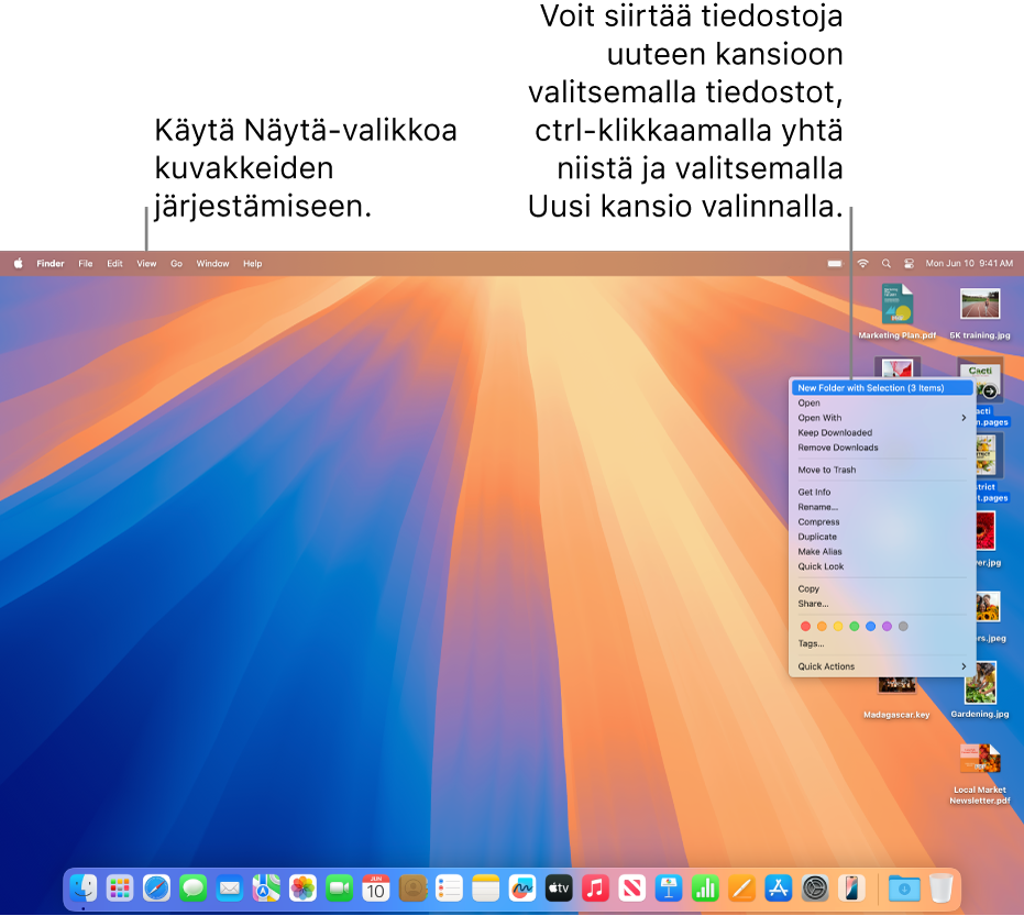 Työpöytä, jossa näkyy tiedostoja ja kansioita. Useita tiedostoja valitaan asetettaviksi uuteen kansioon. Kun valittua tiedostoa ctrl-klikataan, näkyviin tulee ponnahdusvalikko, ja ”Uusi kansio valinnalla” valitaan.