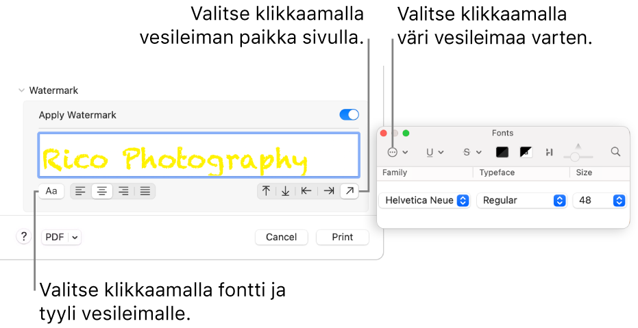 Vesileima-tulostusvalinnat, joissa näkyvät valinnat Käytä vesileimaa, Sijainti ja Vesileiman kuvaus.