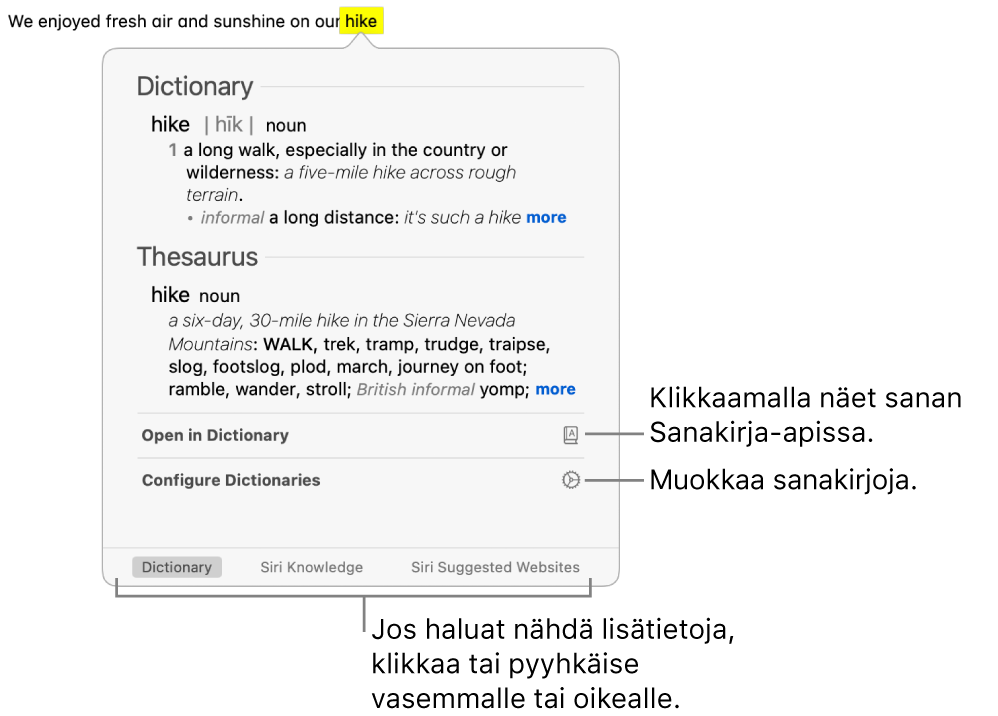 Katso lisää -ikkuna, jossa näkyy sanakirjan ja synonyymisanakirjan määritelmät sanasta.