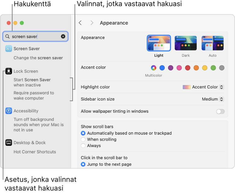 Järjestelmäasetusten ikkuna, jossa näkyy hakukentässä ”näytönsäästäjä” ja luettelo kolmesta sopivasta hakutuloksesta hakukentän alapuolella.