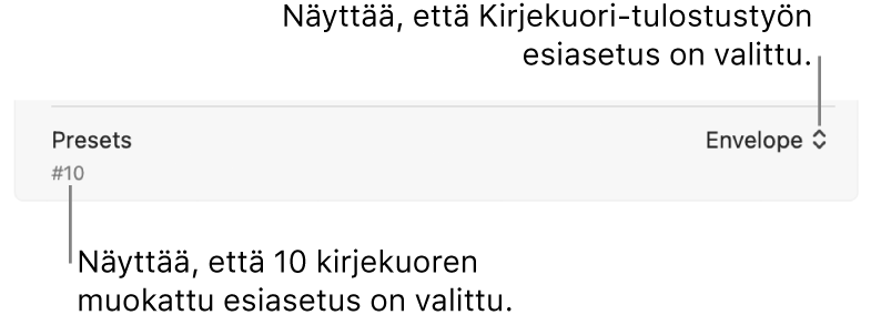 Tulosta-valintaikkunan Esiasetukset-osio, jossa näkyvät valittuina kirjekuoren tulostustyön esiasetus ja #10-kirjekuoren muokattu esiasetus.