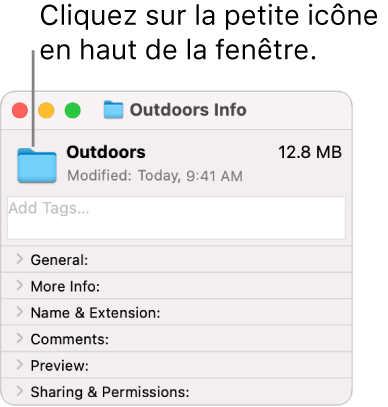 La fenêtre Infos d’un dossier qui affiche l’icône générique du dossier sélectionnée.