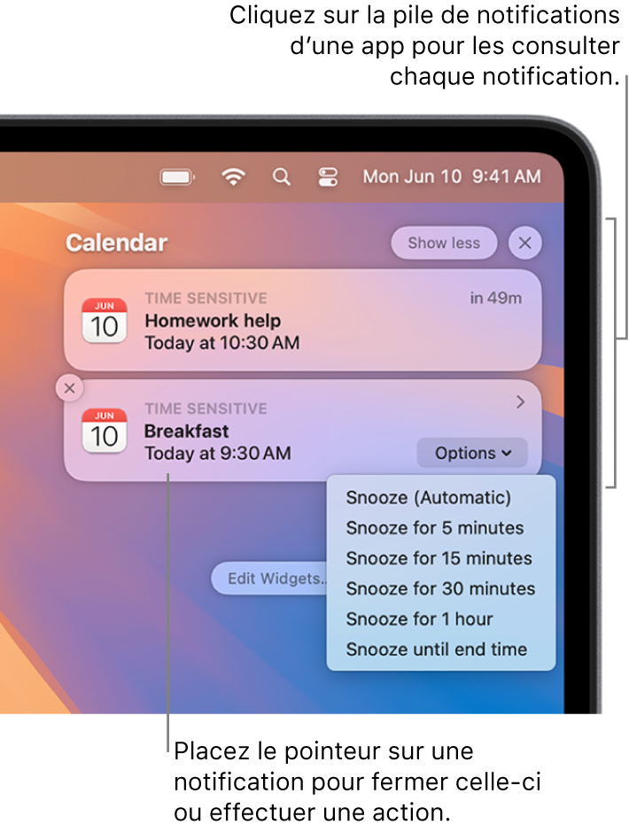 Les notifications d’apps dans le coin supérieur droit du bureau, y compris une pile ouverte contenant deux notifications de Rappels avec un bouton « Moins » pour la condenser et une notification de Calendrier avec un bouton Rappel d’alarme.