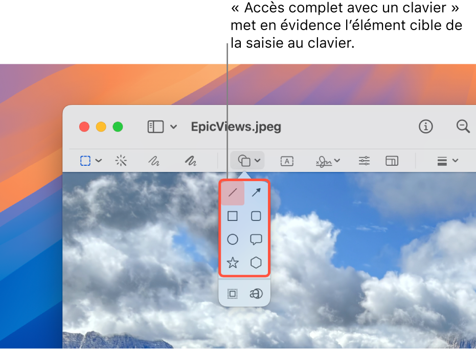 La fenêtre Aperçu avec la barre d’outils d’annotation. L’outil Formes est agrandi pour afficher les options. « Accès complet avec un clavier » a mis en surbrillance l’outil ciblé et le groupe auquel il appartient.