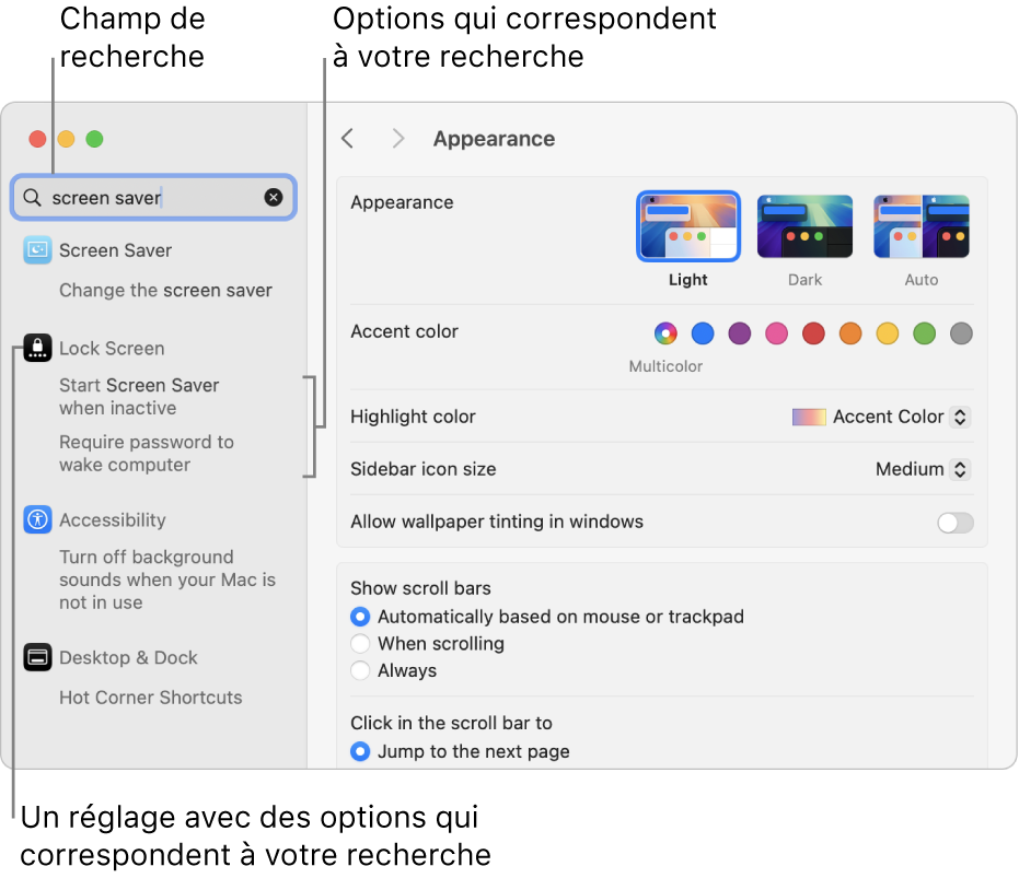 La fenêtre Réglages système affichant « screen saver » (économiseur d’écran) dans le champ de recherche et une liste des résultats correspondant à la recherche en dessous du champ de recherche.