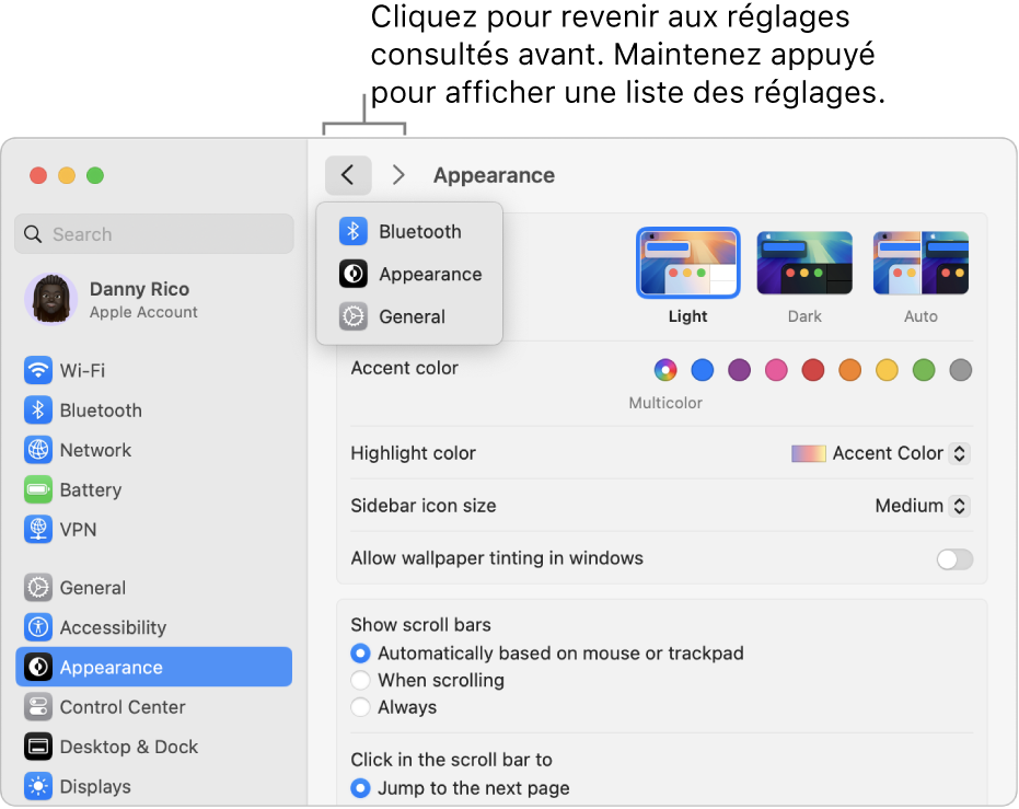 La fenêtre Réglages système montrant les réglages récemment consultés en dessous du bouton Retour.