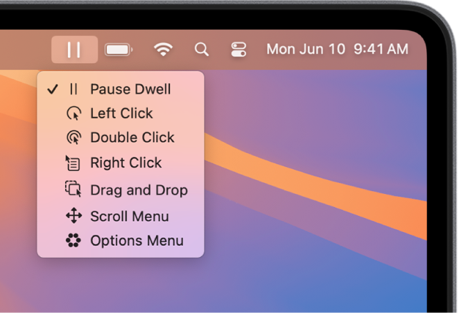 Le menu d’état Attente, contenant les boutons suivants de haut en bas : Interrompre l’attente, Clic gauche, Double-clic, Clic droit, Glisser et déposer, Menu de défilement et Menu d’options.