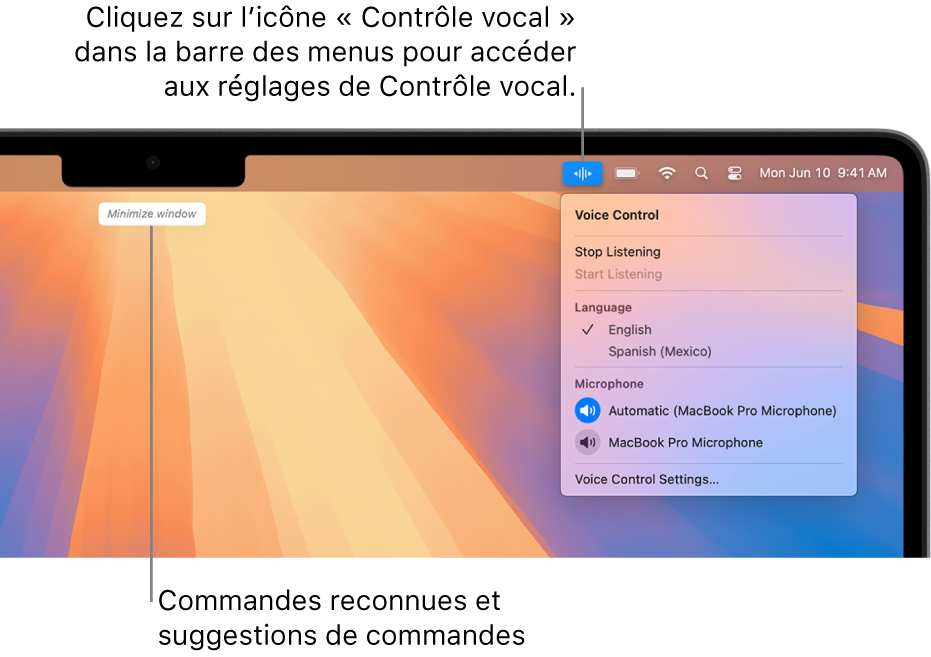 La dernière commande reconnue par Contrôle vocal s’affiche en haut du bureau. À droite, l’icône de Contrôle vocal apparaît dans la barre des menus et le menu Contrôle vocal est ouvert.