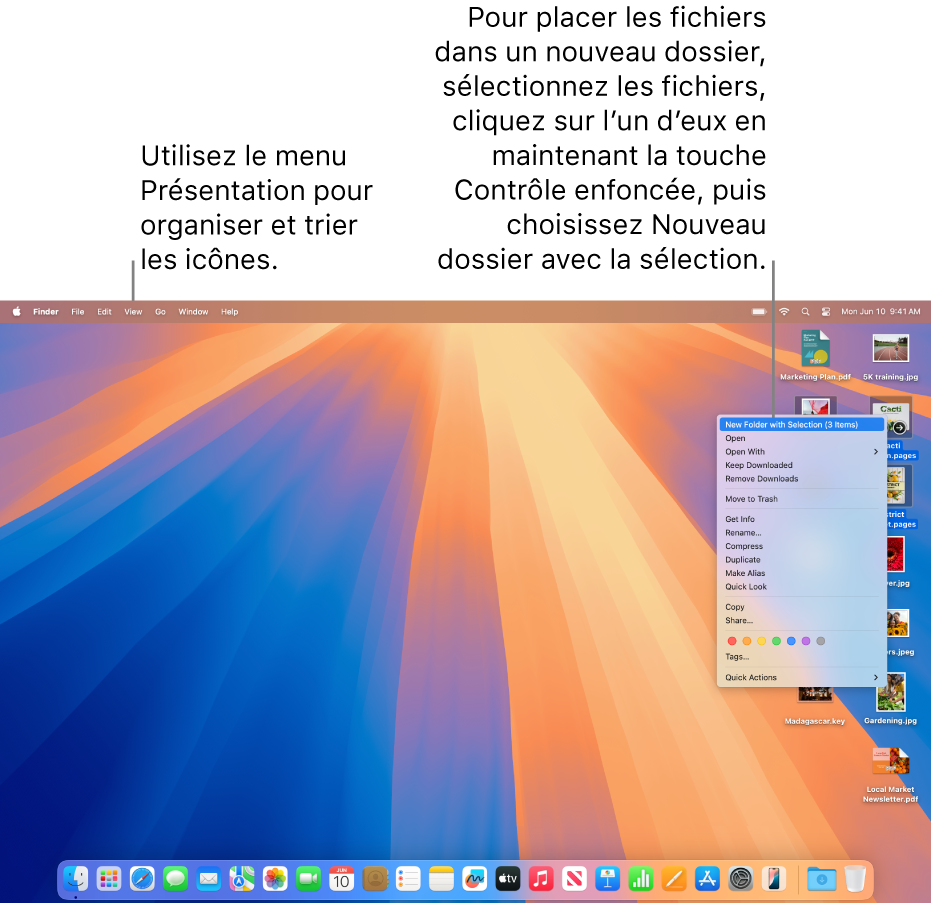 Un bureau avec des fichiers et des dossiers. Plusieurs fichiers ont été sélectionnés afin de les placer dans un nouveau dossier. Un menu local s’affiche après avoir cliqué sur un fichier sélectionné tout en maintenant la touche Contrôle enfoncée, et l’option « Nouveau dossier avec la sélection » est sélectionnée.