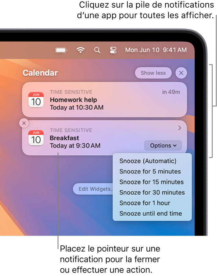 Des notifications d’app dans le coin supérieur droit du bureau, avec une pile ouverte contenant deux notifications de l’app Rappels et un bouton « En afficher moins » pour réduire la pile, ainsi qu’une notification de l’app Calendrier accompagnée d’un bouton Rappel.