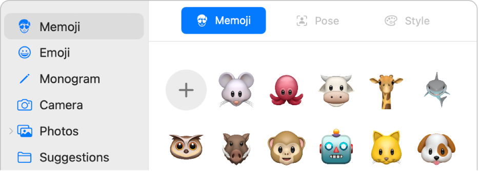 אפשרויות התמונה של חשבון ה-Apple ובהן האפשרות Memoji נבחרת בסרגל הצד ומספר פריטי Memoji מוצגים.