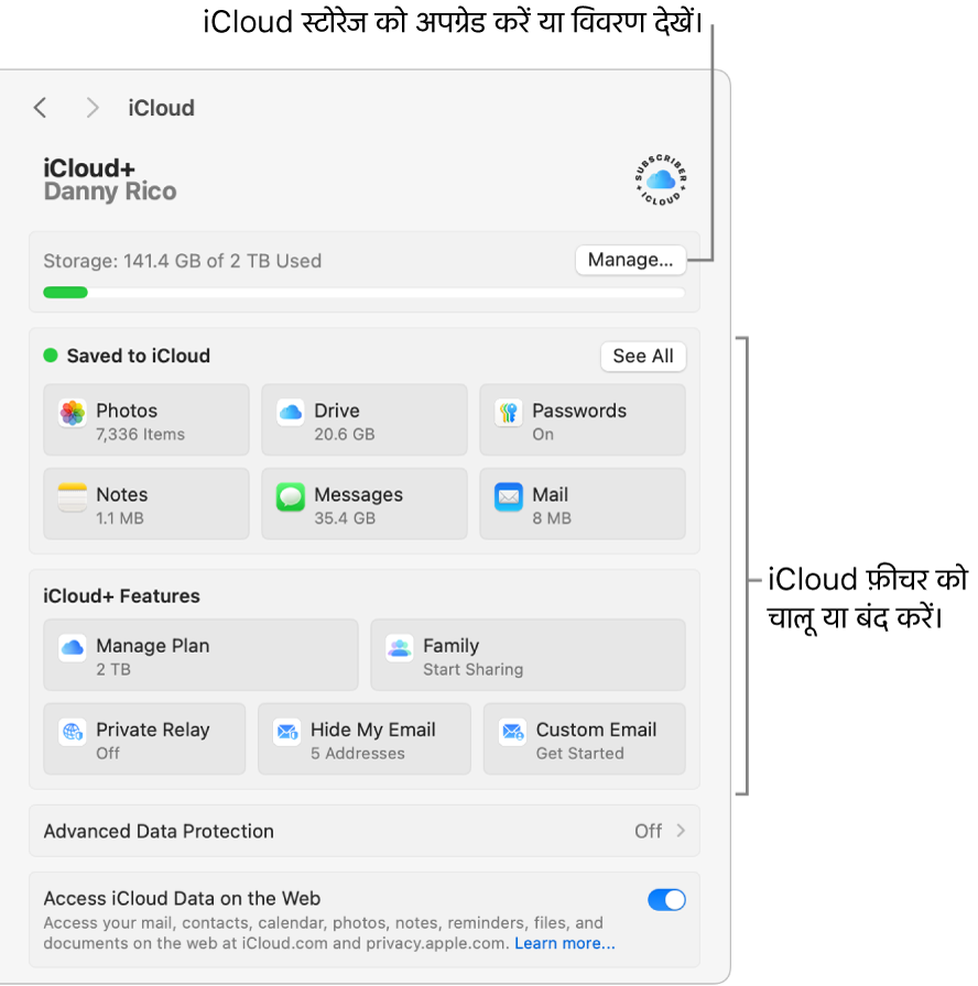 सभी चालू फ़ीचर के साथ iCloud सेटिंग्ज़।
