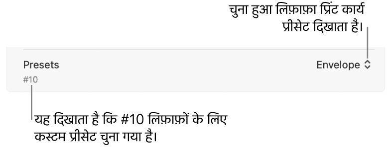 प्रिंट डायलॉग के प्रीसेट सेक्शन में चुने गए लिफ़ाफ़े के लिए प्रिंट जॉब प्रीसेट और चुने गए #10 लिफ़ाफ़े के लिए कस्टम प्रीसेट दिखाया गया है।