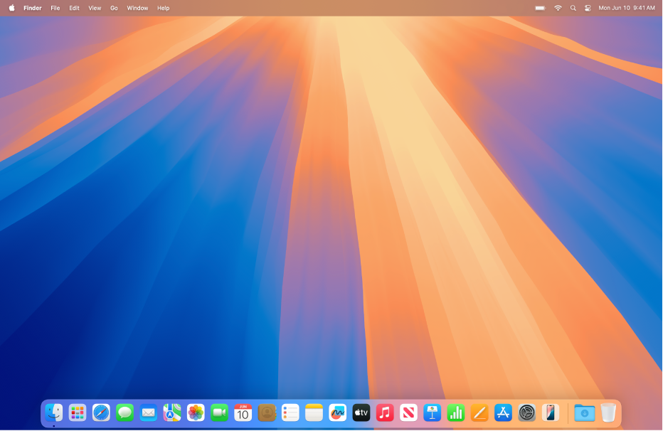 मेनू बार को शीर्ष पर, डेस्कटॉप को बीच में और Dock को नीचे दिखाती हुई Mac स्क्रीन।