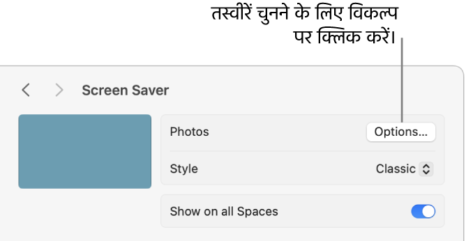 सिस्टम सेटिंग्ज़ विंडो के शीर्ष पर, तस्वीर के विकल्प दिख रहे हैं।