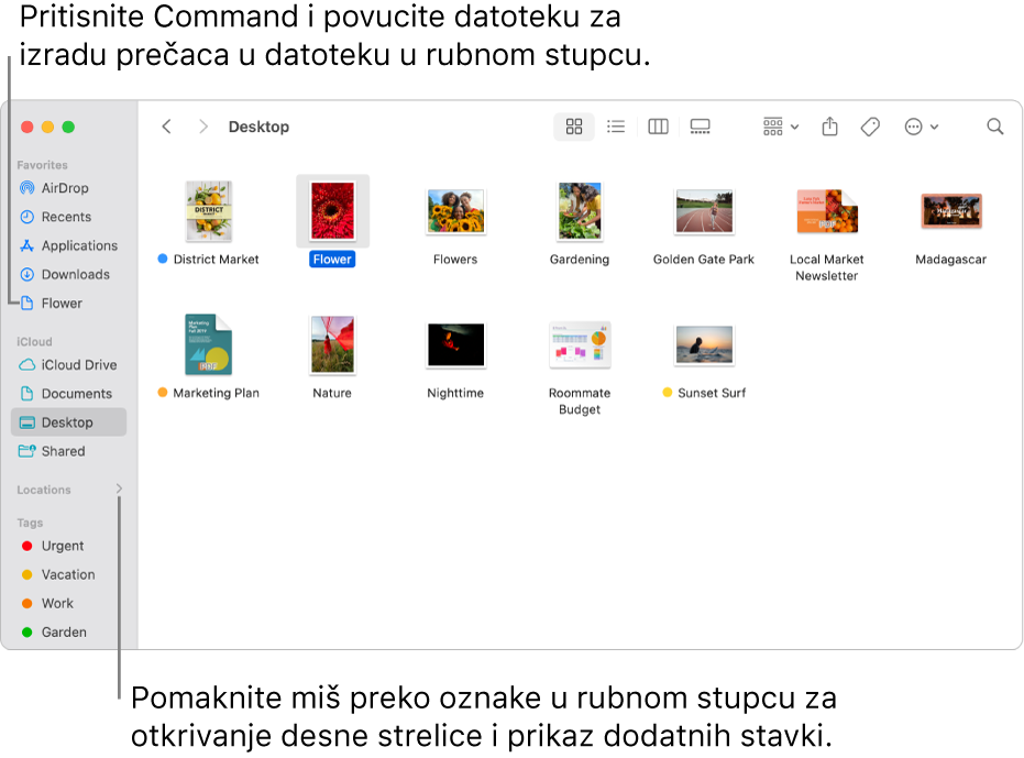 S desne strane Lokacija u rubnom stupcu Findera nalazi se strelica klikom na koju se prikazuju dodatne stavke. U prozoru Findera s desne strane odabrana je datoteka, a prečac do datoteke nalazi se u rubnom stupcu, ispod Omiljenih stavki.