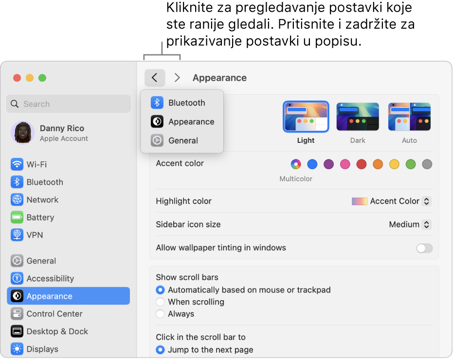 Prozor Postavki sustava s prikazom nedavno pregledanih postavki ispod tipke Natrag.