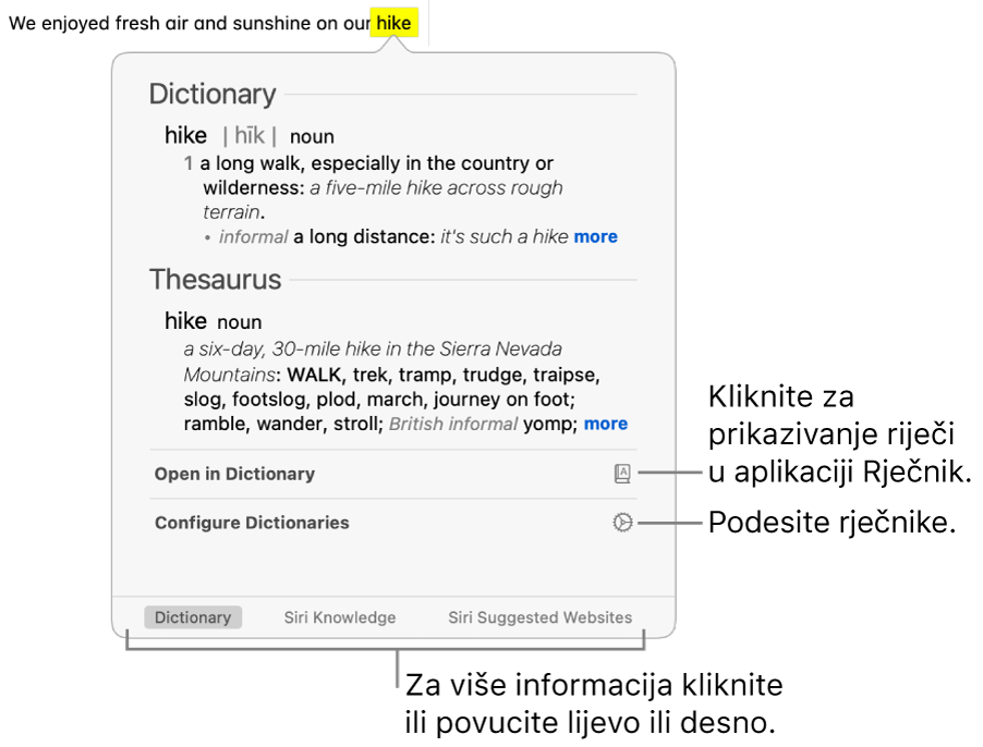 Prozor Potraži s prikazom definicija riječi iz Rječnika i Tezaurusa.