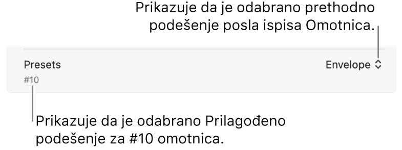 Odjeljak Programirana podešenja dijaloškog okvira Ispis prikazuje programirano podešenje zadatka ispisa za odabranu omotnicu i prilagođeno programirano podešenje za odabranu #10 omotnicu.