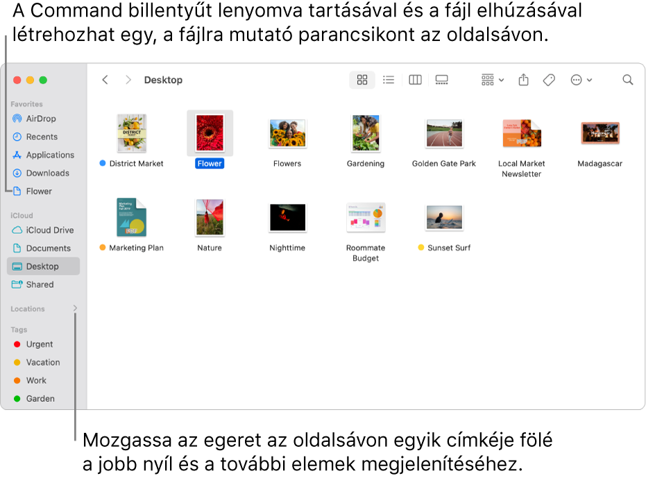 A Finder oldalsáv Helyek lehetőségétől jobbra található egy nyíl, amelyre kattintva további elemek jelennek meg. A jobb oldali Finder ablakban egy fájl van kiválasztva, és a fájl parancsa látható az oldalsávon, a Kedvencek alatt.
