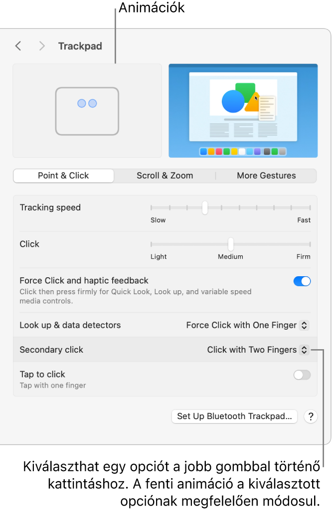 A Trackpad-beállítások a Rendszerbeállításokban, ahol az látható, hogy a másodlagos kattintás beállítása Kétujjas kattintás, illetve az ehhez tartozó animáció.