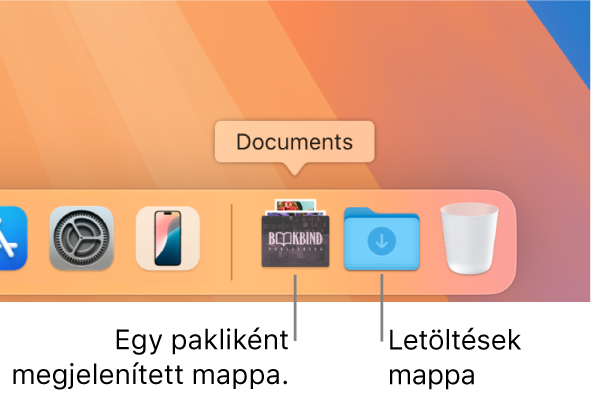 A Dock jobb végén egy pakliként megjelenített mappa és a mappaként megjelenített Letöltések mappa látható.