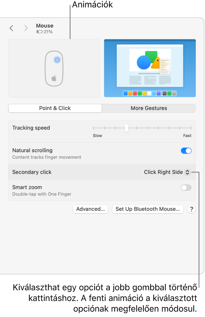 A Trackpad-beállítások a Rendszerbeállításokban, ahol az látható, hogy a másodlagos kattintás beállítása Kattintás jobb oldalon, illetve az ehhez tartozó animáció.