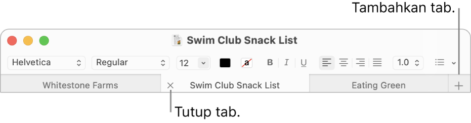 Jendela TextEdit dengan tiga tab di bar tab, yang terletak di bawah bar pemformatan. Satu tab menampilkan tombol Tutup. Tombol Tambah terletak di ujung kanan bar tab.