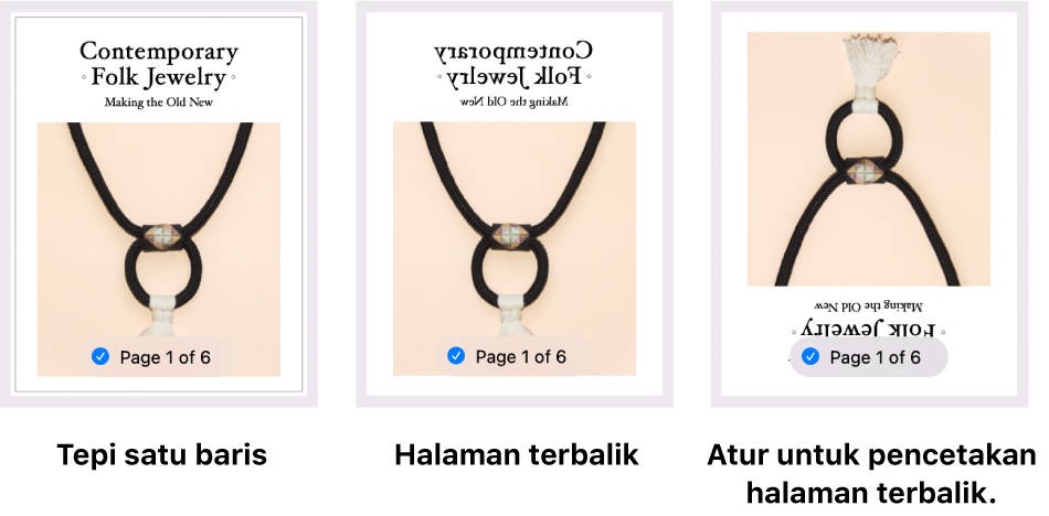 Contoh pratinjau halaman, menampilkan satu halaman dengan tepi satu baris, satu halaman dengan gambar terbalik, dan halaman lain dengan kumpulan gambar untuk pencetakan halaman terbalik.