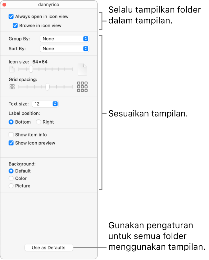 Pilihan tampilan ikon untuk folder.