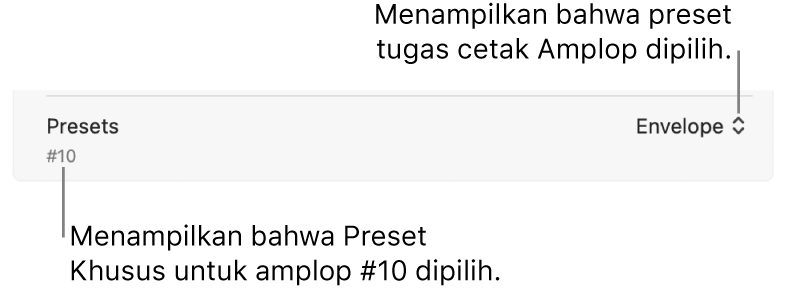 Bagian Preset pada dialog Cetak menampilkan preset tugas cetak untuk amplop yang dipilih dan preset khusus untuk amplop #10 yang dipilih.