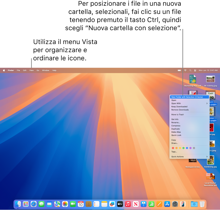 Una scrivania che mostra file e cartelle. Vengono selezionati diversi file da posizionare in una nuova cartella. Viene effettuato clic tenendo premuto il tasto Ctrl su un file selezionato che mostra una finestra a comparsa e viene selezionato “Nuova cartella con selezione”.