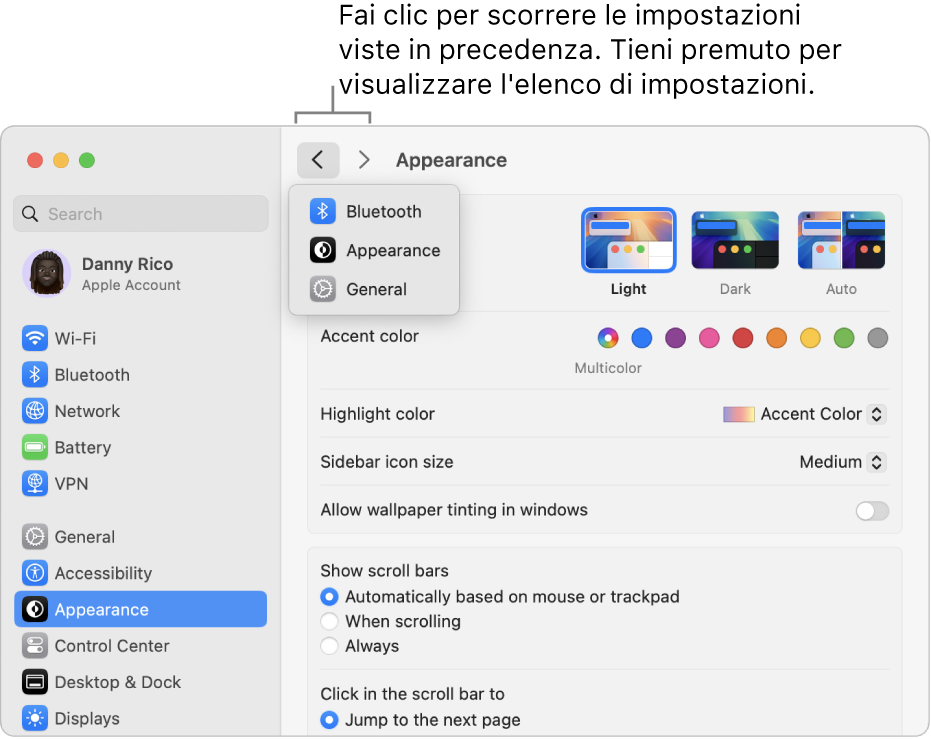La finestra Impostazioni di Sistema che mostra le impostazioni visualizzate di recente sotto il pulsante Indietro.