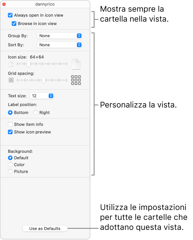 Opzioni per la vista icone di una cartella.