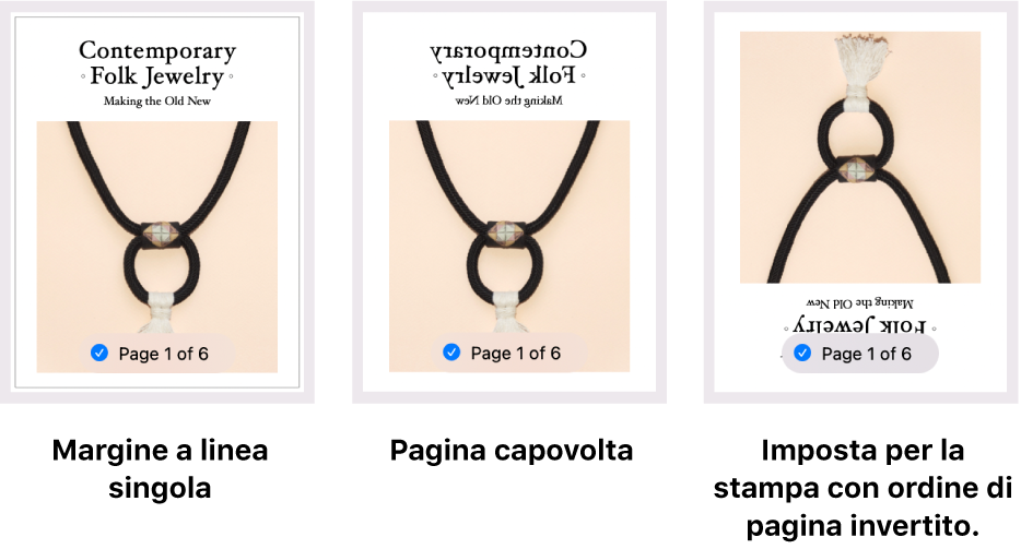 Diversi esempi di anteprime di pagina che mostrano un’opzione con un margine a linea singola, una con un’immagine capovolta e un’altra con un’immagine impostata per la stampa con ordine di pagina invertito.