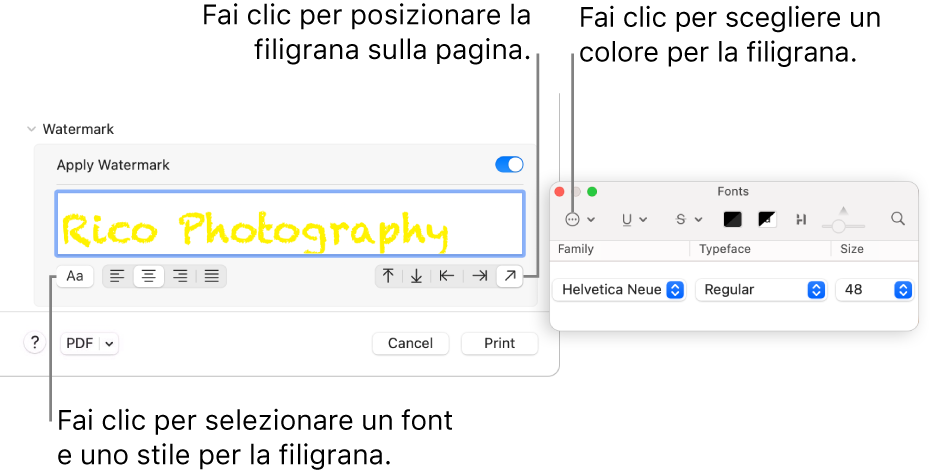L’opzione di stampa Filigrana con le opzioni “Applica filigrana”, Posizione ed “Etichetta filigrana”.