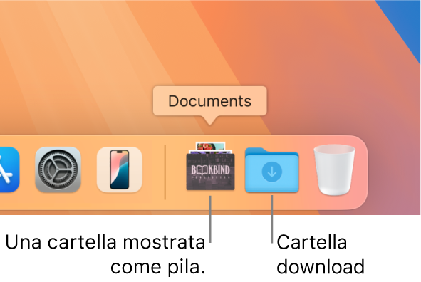 L’estremità destra del Dock che mostra una cartella visualizzata come pila e la cartella Download visualizzata come cartella.