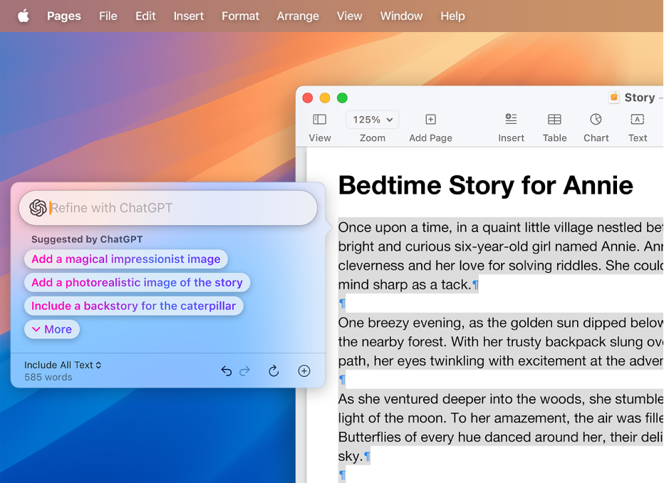 Pagesアプリのウインドウ。作文ツールとチャットGPT機能拡張を使用して作成された物語が表示されています。「チャットGPTで微調整」ダイアログには、変更を説明する、チャットGPTの提案を選択する、取り消す、書き直す、写真または書類を追加するオプションがあります。