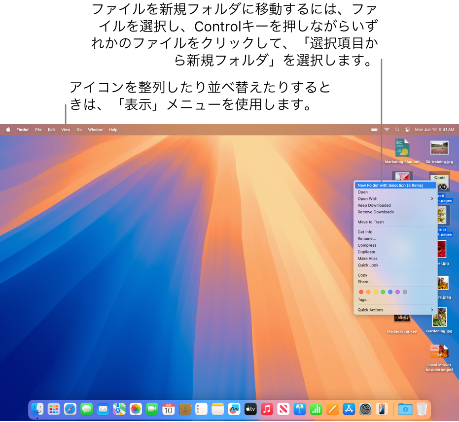 デスクトップ。ファイルとフォルダが表示されています。新しいフォルダ内に配置するいくつかのファイルが選択されています。Controlキーを押しながら選択したファイルをクリックすることでポップアップメニューが表示され、「選択項目から新規フォルダ」が選択されています。