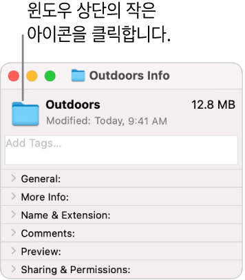 선택된 폴더에 대한 일반 아이콘이 표시된 폴더의 정보 윈도우.