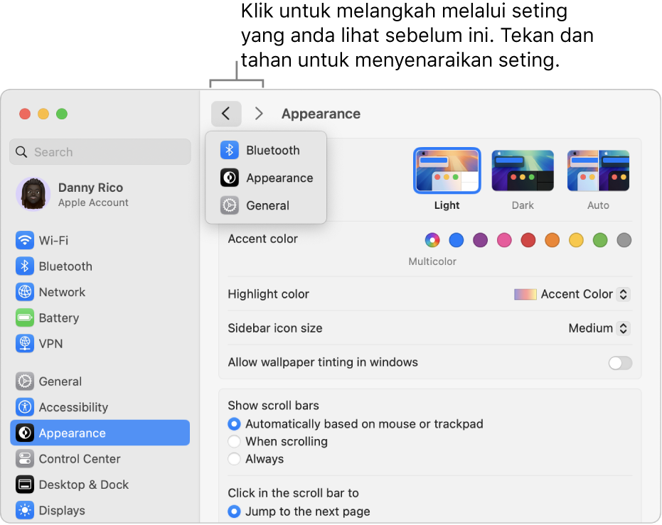 Tetingkap Seting Sistem menunjukkan seting terbaru dilihat di bawah butang Balik.