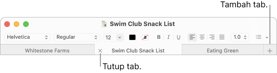 Tetingkap TextEdit dengan tiga tab dalam bar tab, terletak di bawah bar pemformatan. Satu tab menunjukkan butang Tutup. Butang Tambah terletak di hujung kanan bar tab.