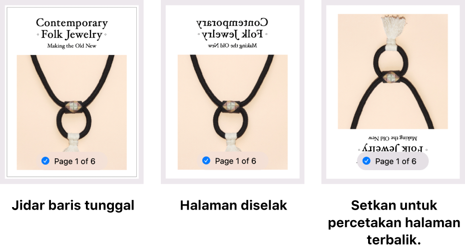 Contoh pratonton halaman, menunjukkan halaman dengan jidar bergaris tunggal, halaman dengan imej diterbalikkan dan halaman dengan imej disetkan untuk pencetakan halaman terbalik.
