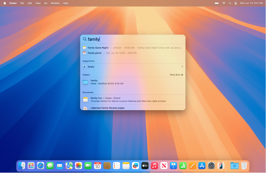 Desktop Mac dengan tetingkap Spotlight dibuka. Hasil carian menunjukkan cadangan, folder dan dokumen yang memenuhi kriteria carian.